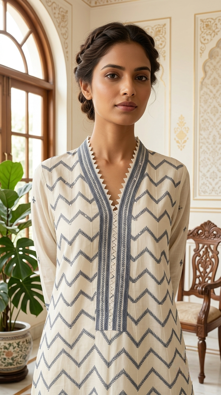 Women Off White Chevron Thread Work Cotton Kurta Pant Dupatta Set