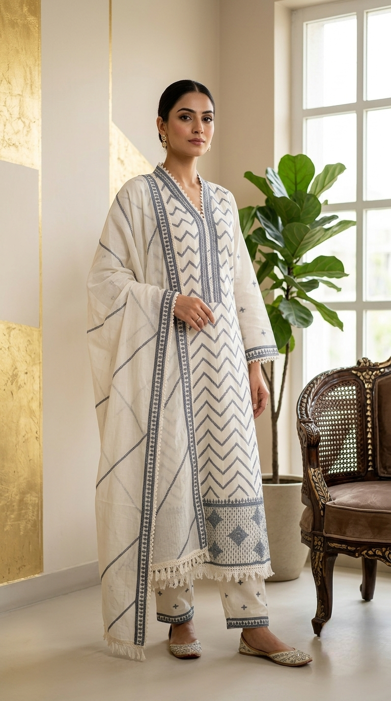 Women Off White Chevron Thread Work Cotton Kurta Pant Dupatta Set