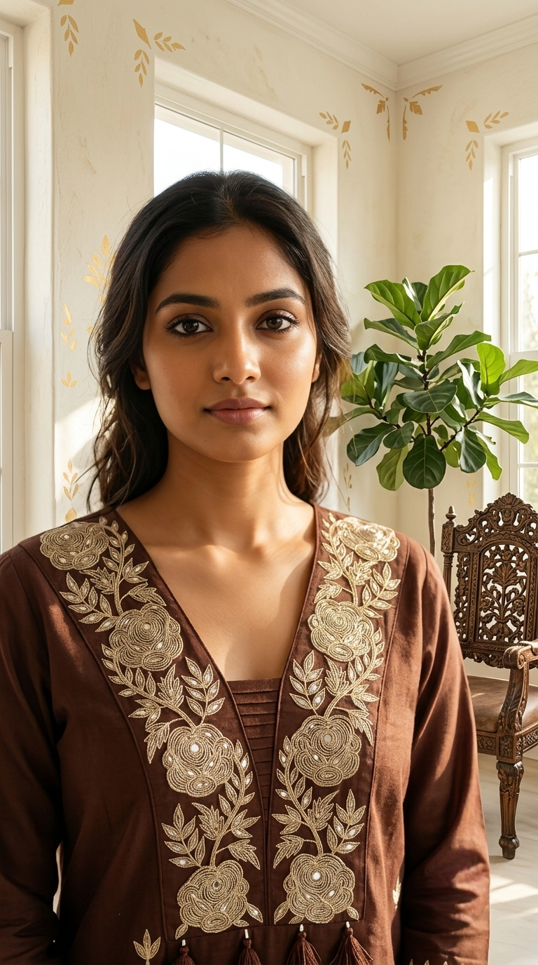 Women Brown Floral Embroidered Cotton Kurta Pant Dupatta Set
