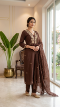 Women Brown Floral Embroidered Cotton Kurta Pant Dupatta Set
