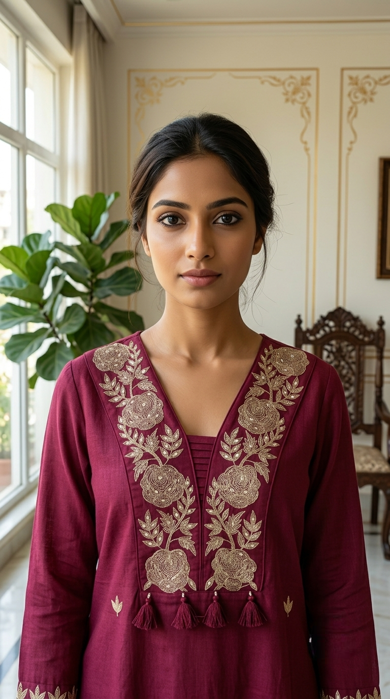 Women Wine Floral Embroidered Cotton Kurta Pant Dupatta Set