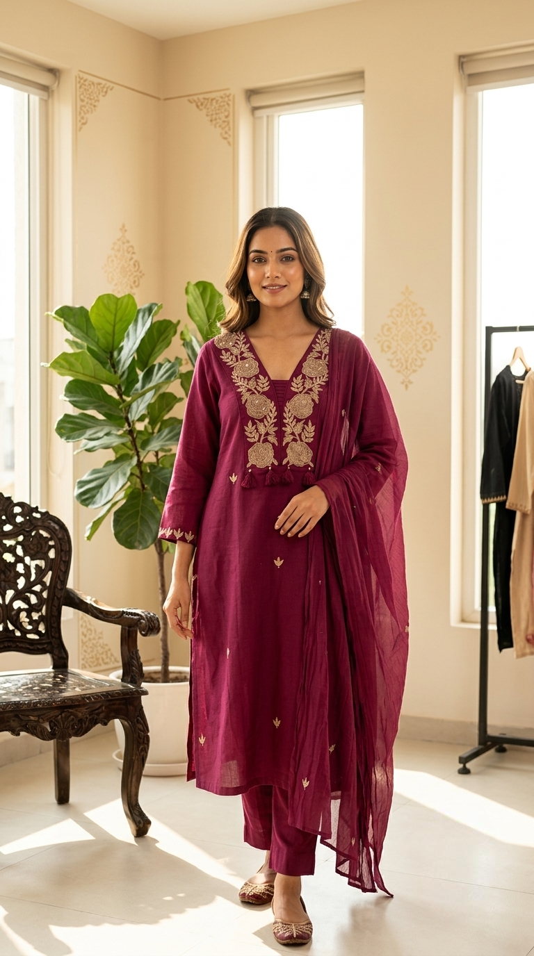 Women Wine Floral Embroidered Cotton Kurta Pant Dupatta Set