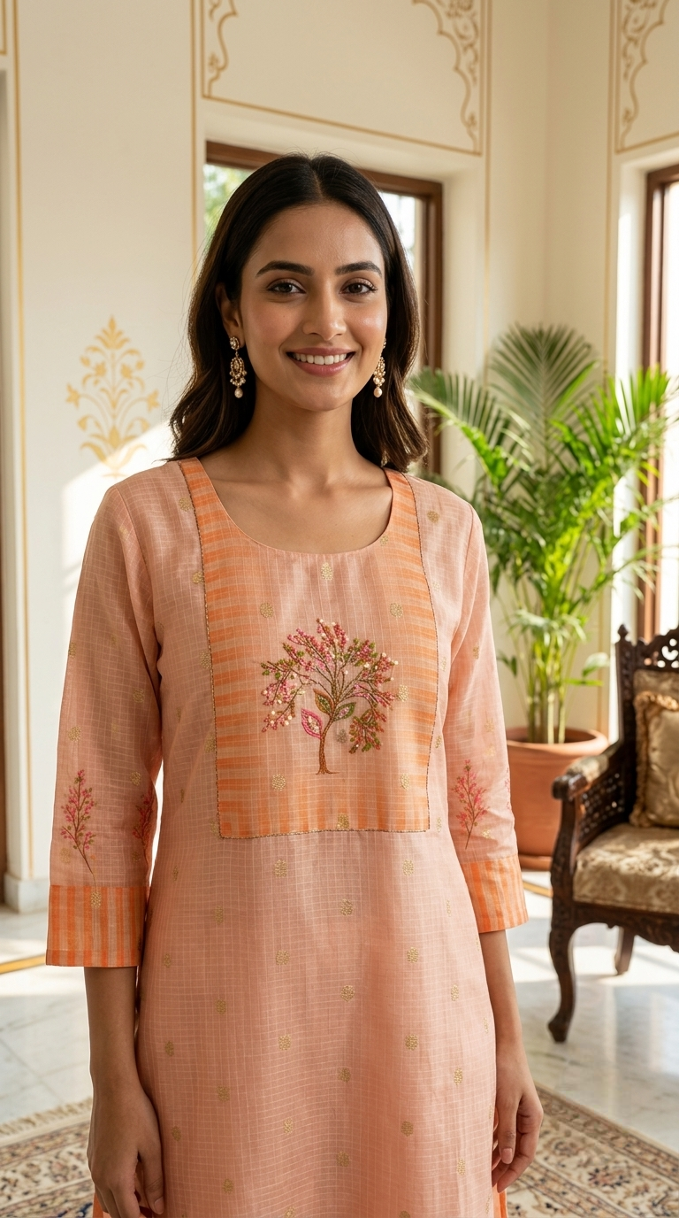 Women Peach Tree of Life Embroidered Kota Cotton Kurta Pant Dupatta Set