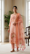 Women Peach Tree of Life Embroidered Kota Cotton Kurta Pant Dupatta Set
