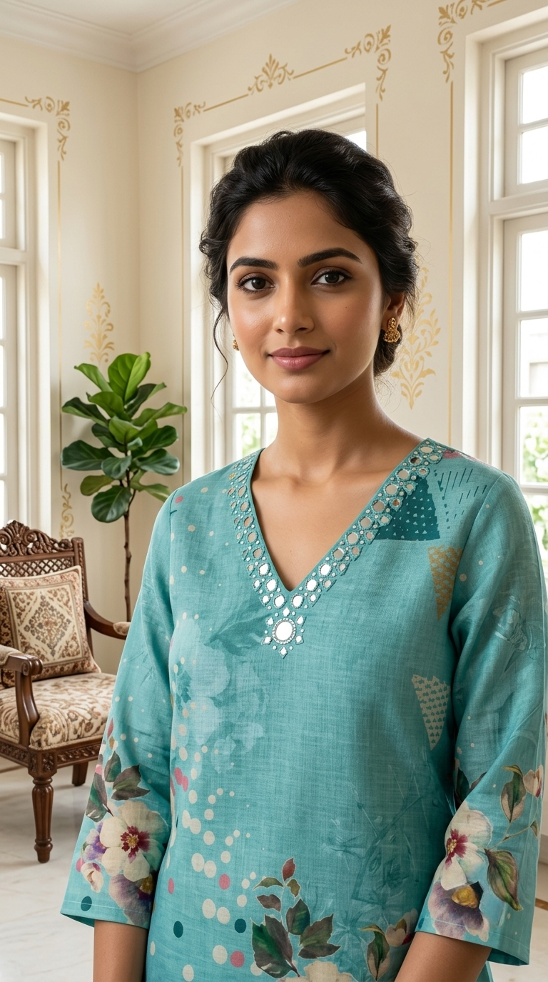 Women Mint Green Floral Printed Mirror Work Cotton Linen Kurta Pant Dupatta Set