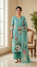 Women Mint Green Floral Printed Mirror Work Cotton Linen Kurta Pant Dupatta Set