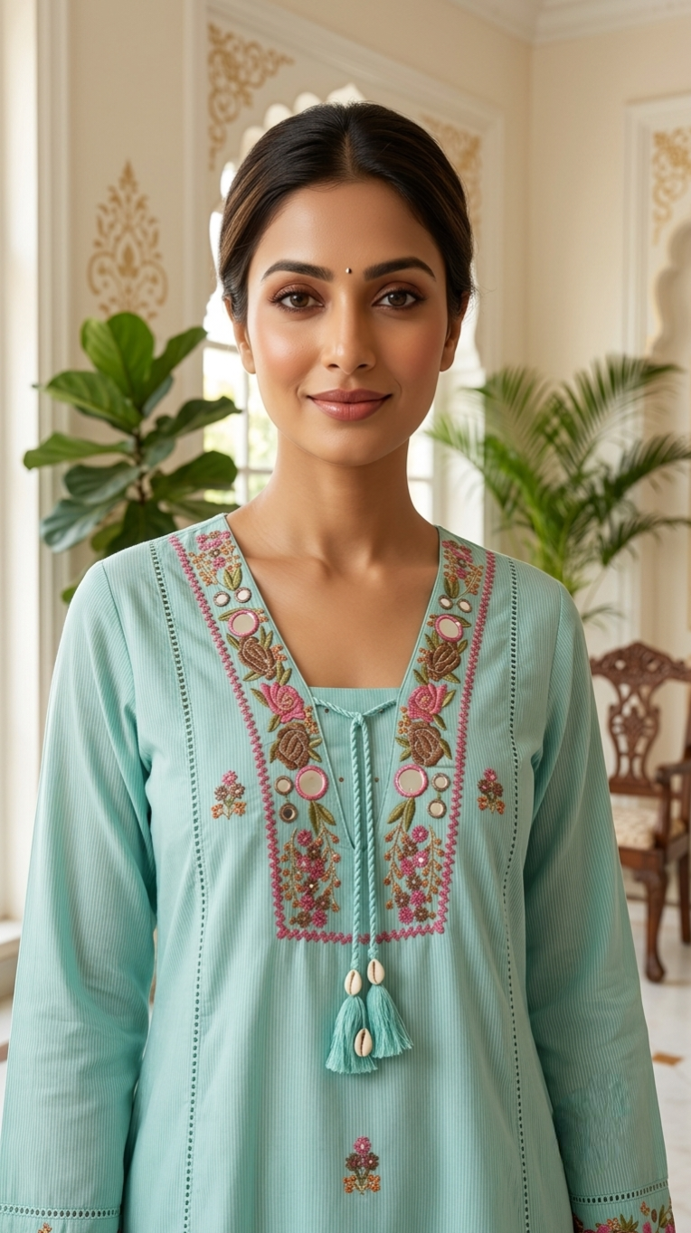 Women Mint Green Floral Mirror Work Embroidered Cotton Kurta Pant Dupatta Set