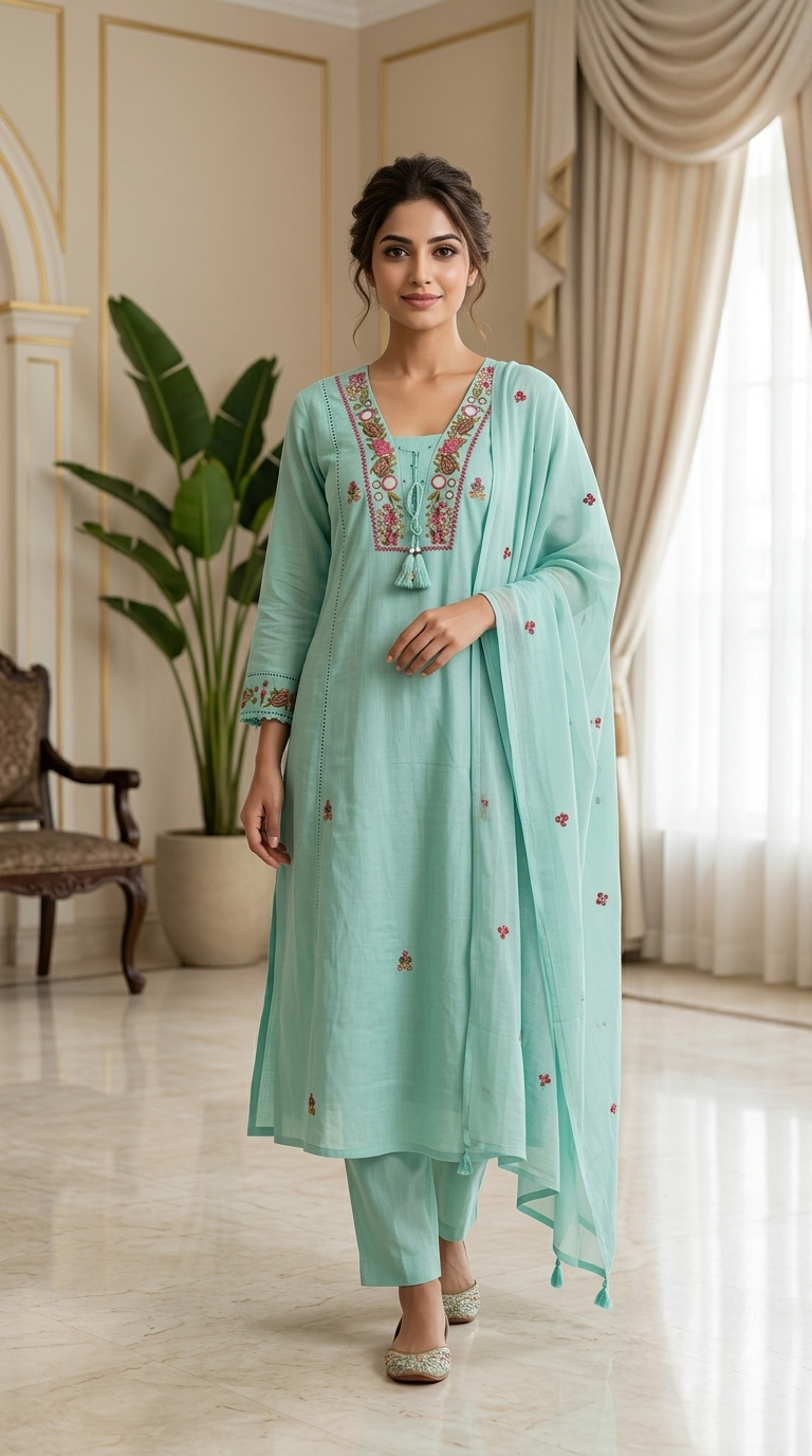 Women Mint Green Floral Mirror Work Embroidered Cotton Kurta Pant Dupatta Set