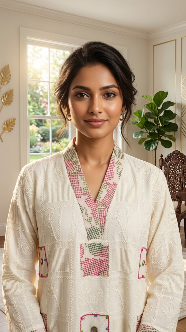 Women Off White Geometric Patchwork Kantha Embroidered Mul Cotton Kurta Palazzo Dupatta Set