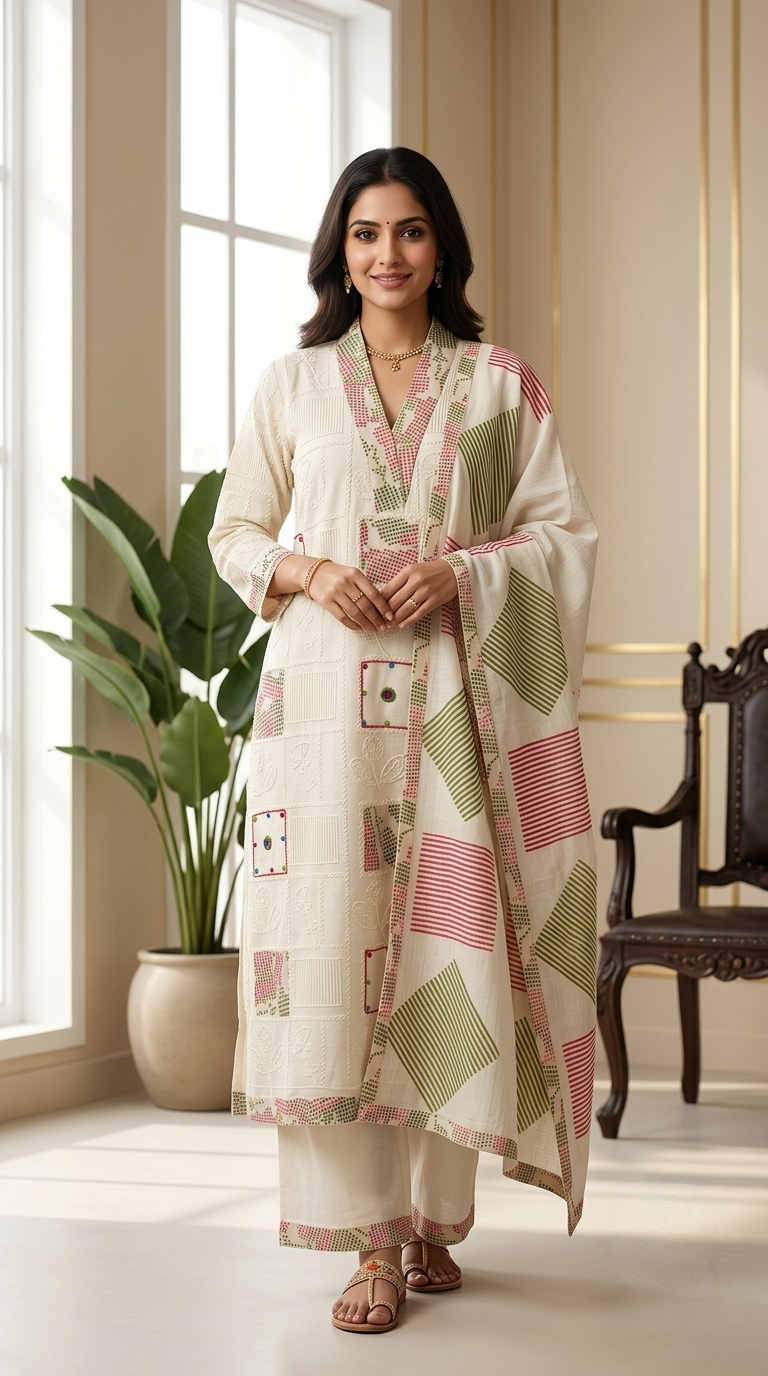 Women Off White Geometric Patchwork Kantha Embroidered Mul Cotton Kurta Palazzo Dupatta Set