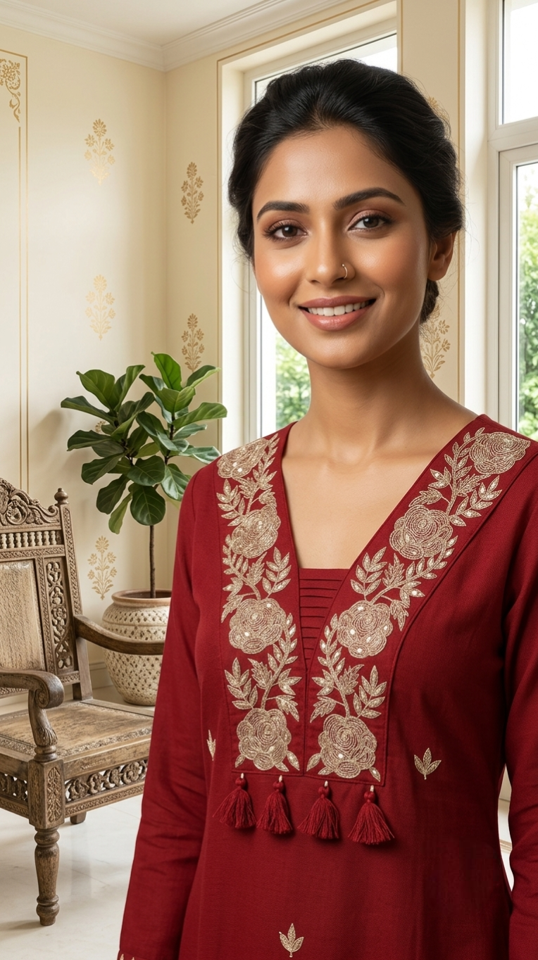Women Red Floral Embroidered Cotton Kurta Pant Dupatta Set