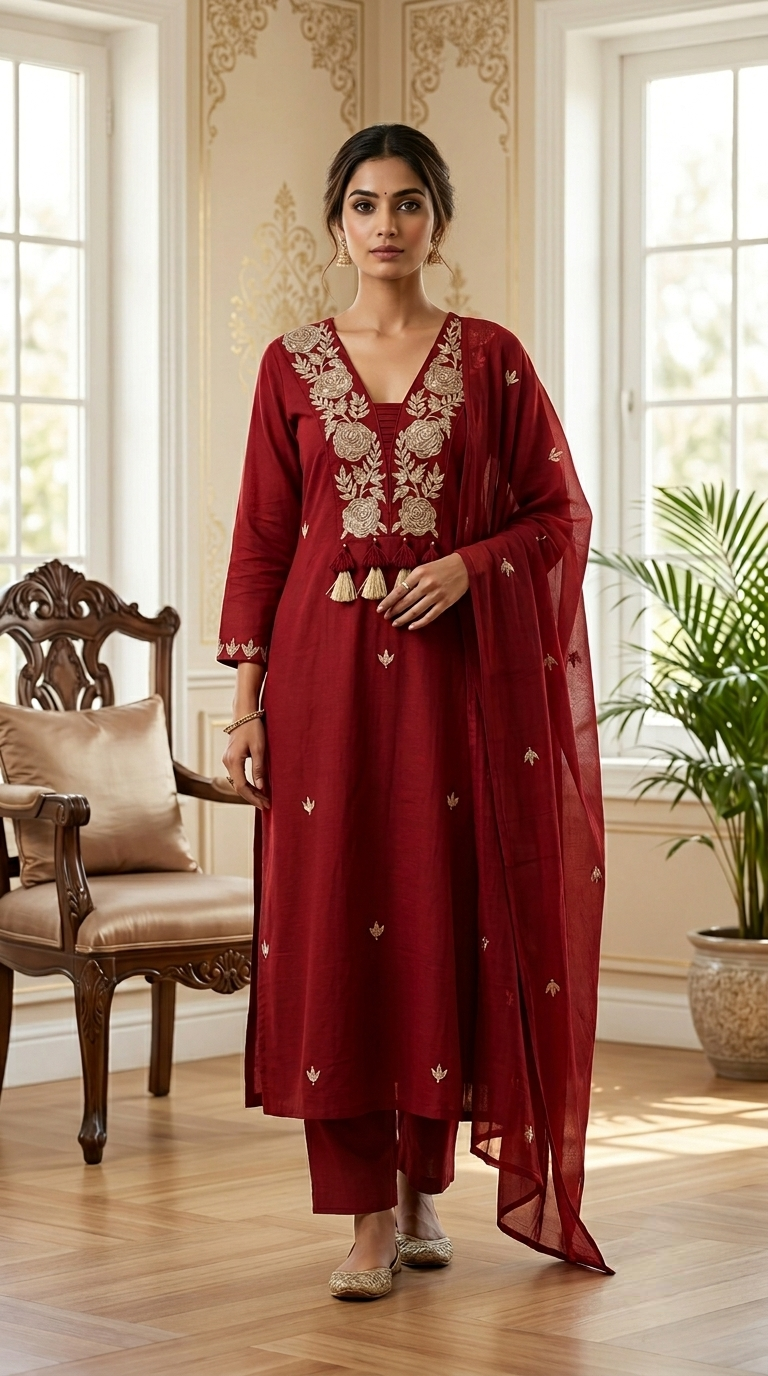 Women Red Floral Embroidered Cotton Kurta Pant Dupatta Set