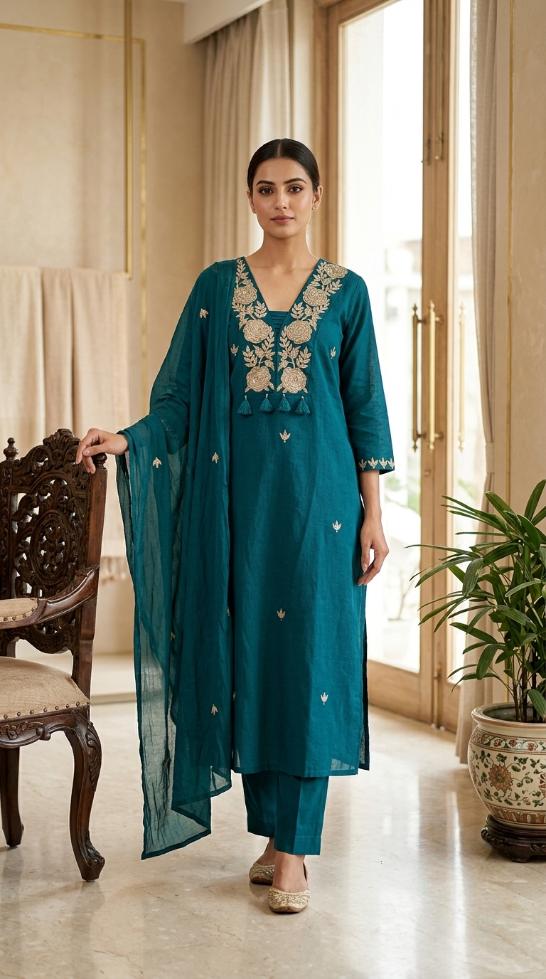 Women Teal Floral Embroidered Cotton Kurta Pant Dupatta Set