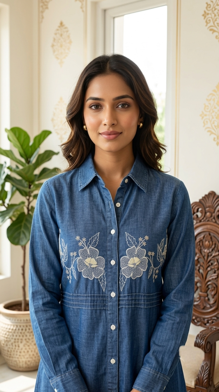 Women Blue Floral Embroidered Denim Cotton Coord Set