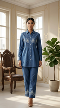 Women Blue Floral Embroidered Denim Cotton Coord Set