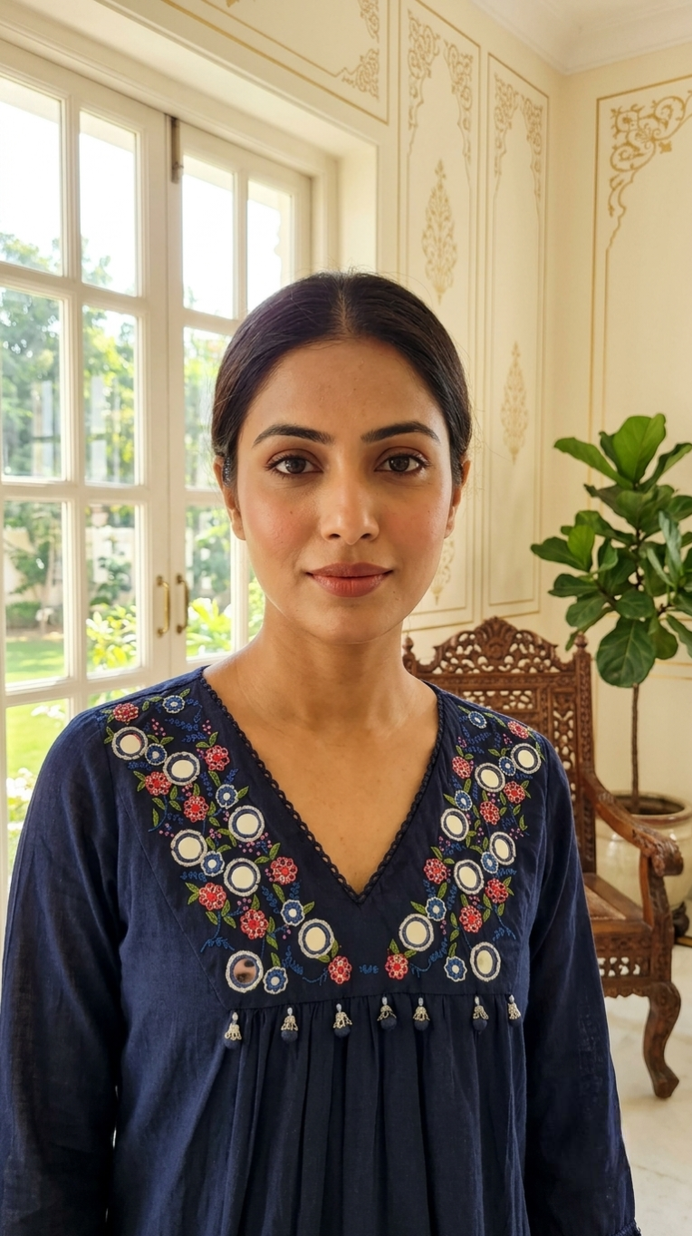 Women Navy Blue Mirror Work Floral Embroidered Mul Cotton Anarkali Kurta Pant Dupatta Set
