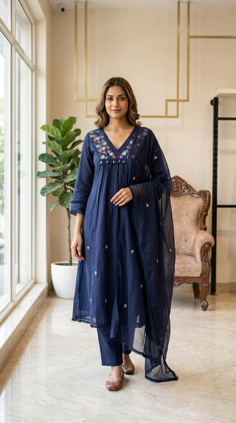 Women Navy Blue Mirror Work Floral Embroidered Mul Cotton Anarkali Kurta Pant Dupatta Set