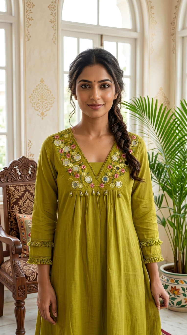 Women Mehendi Green Mirror Work Floral Embroidered Mul Cotton Anarkali Kurta Pant Dupatta Set