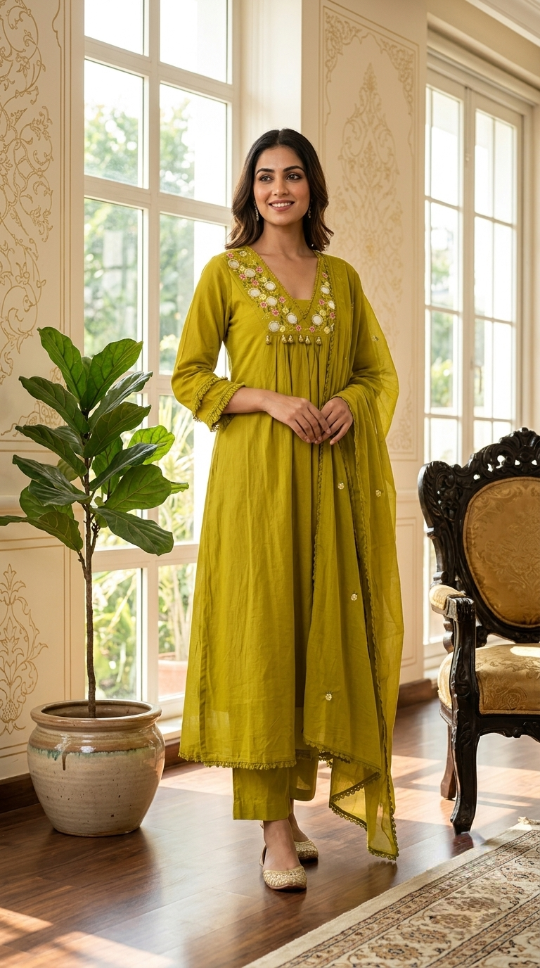 Women Mehendi Green Mirror Work Floral Embroidered Mul Cotton Anarkali Kurta Pant Dupatta Set