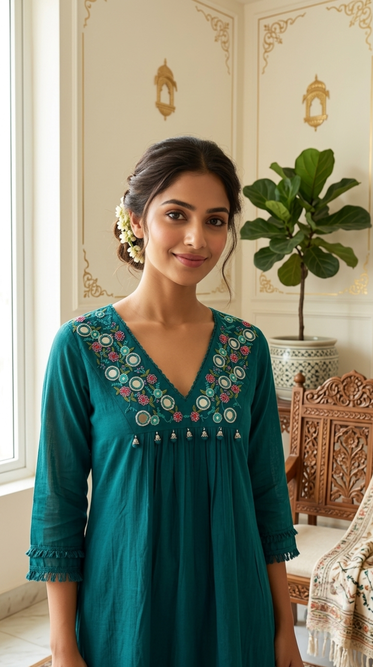 Women Teal Blue Mirror Work Floral Embroidered Mul Cotton Anarkali Kurta Pant Dupatta Set