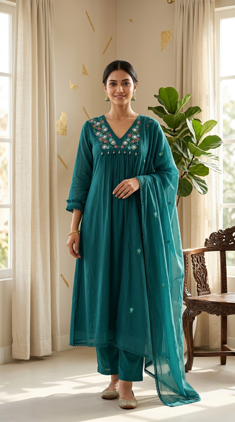 Women Teal Blue Mirror Work Floral Embroidered Mul Cotton Anarkali Kurta Pant Dupatta Set