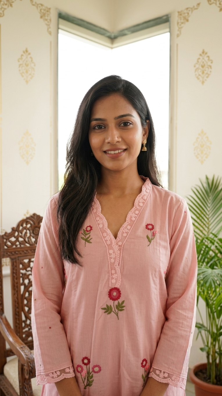 Women Pink Floral Embroidered Cotton Kurta Pant Dupatta Set