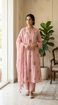 Women Pink Floral Embroidered Cotton Kurta Pant Dupatta Set