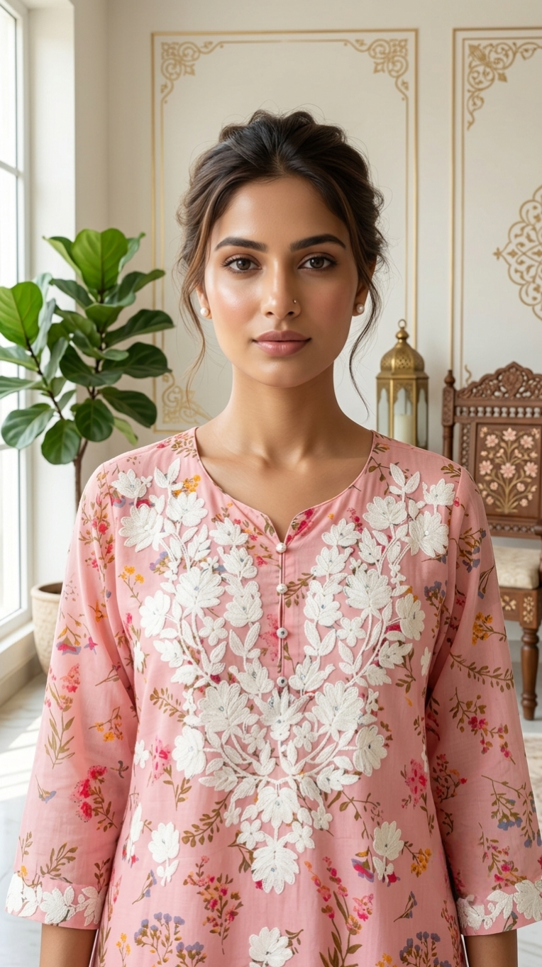 Women Pink Floral Printed Chikankari Embroidered Cotton Kurta Pant Dupatta Set