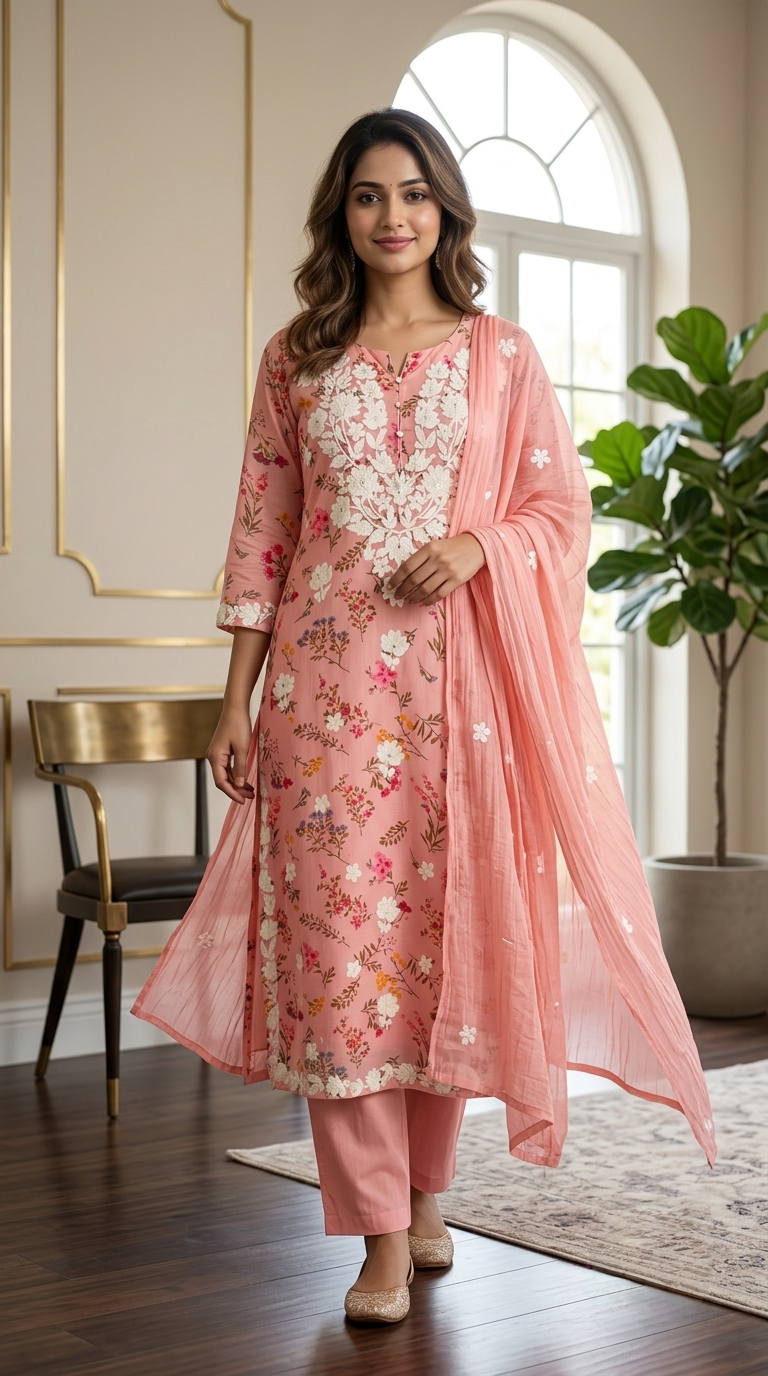 Women Pink Floral Printed Chikankari Embroidered Cotton Kurta Pant Dupatta Set
