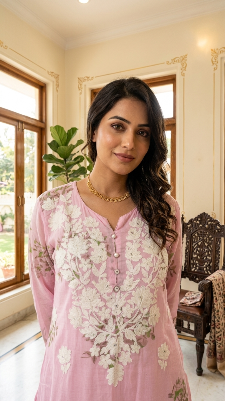 Women Pink Chikankari Floral Print Cotton Kurta Pant Dupatta Set