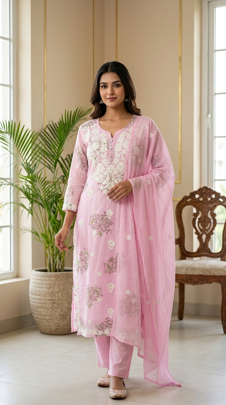 Women Pink Chikankari Floral Print Cotton Kurta Pant Dupatta Set