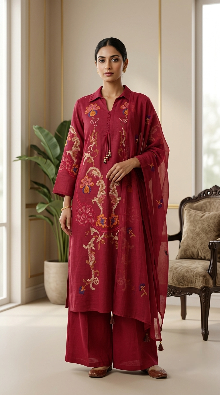 Women Red Mughal Motif Kantha Embroidered Cotton Kurta Palazzo Dupatta Set