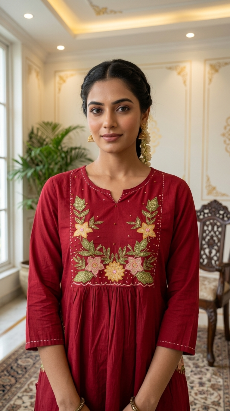 Women Red Floral Embroidered Cootton Kurta Pant Dupatta Set