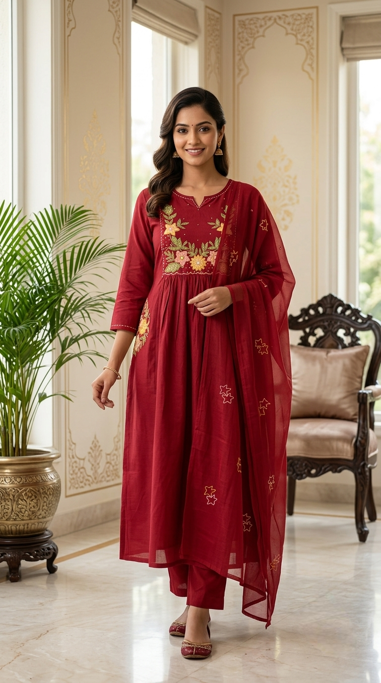 Women Red Floral Embroidered Cootton Kurta Pant Dupatta Set