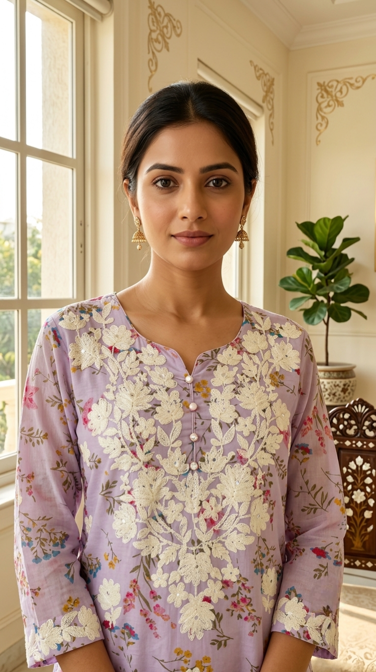 Women Lavender Floral Printed Chikankari Embroidered Mul Cotton Kurta Pant Dupatta Set