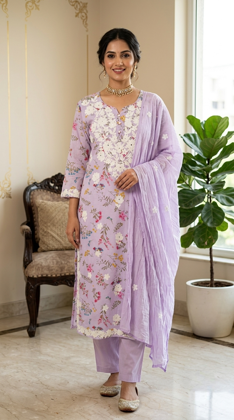 Women Lavender Floral Printed Chikankari Embroidered Mul Cotton Kurta Pant Dupatta Set