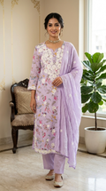 Women Lavender Floral Printed Chikankari Embroidered Mul Cotton Kurta Pant Dupatta Set