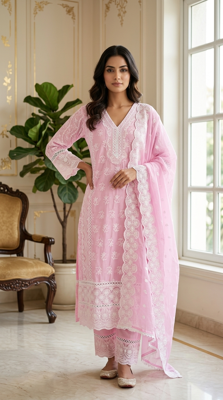 Women Baby Pink Heavy Chikankari Schiffli Lace Embroidered Mul Cotton Kurta Pant Dupatta Set