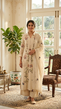 Women Cream Mughal Floral Cross Stitch Embroidered Cotton Kurta Palazzo Dupatta Set