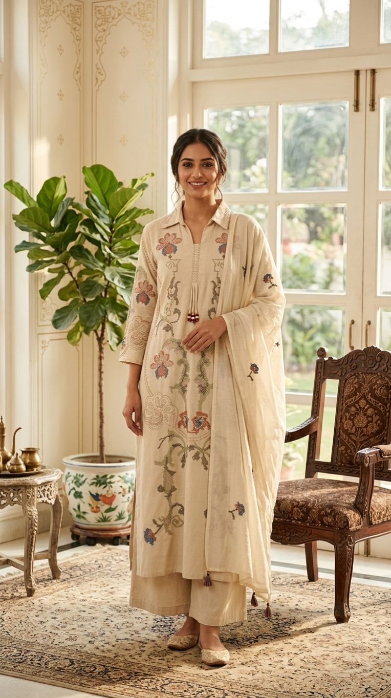 Women Cream Mughal Floral Cross Stitch Embroidered Cotton Kurta Palazzo Dupatta Set