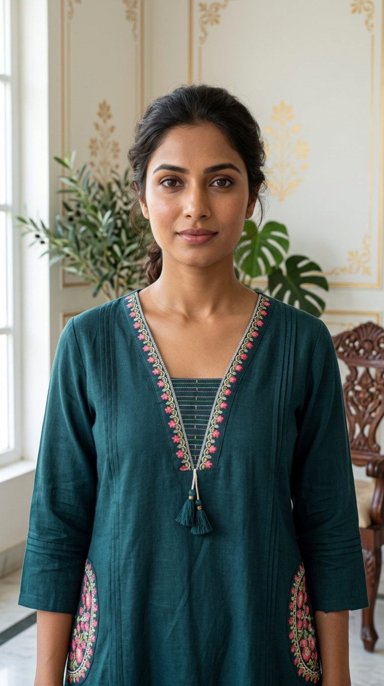 Women Teal Green Pintuck Floral Embroidered Pocket Cotton Kurta Palazzo Set