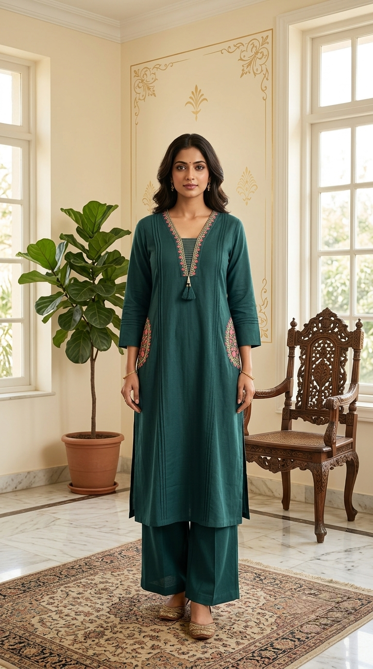 Women Teal Green Pintuck Floral Embroidered Pocket Cotton Kurta Palazzo Set