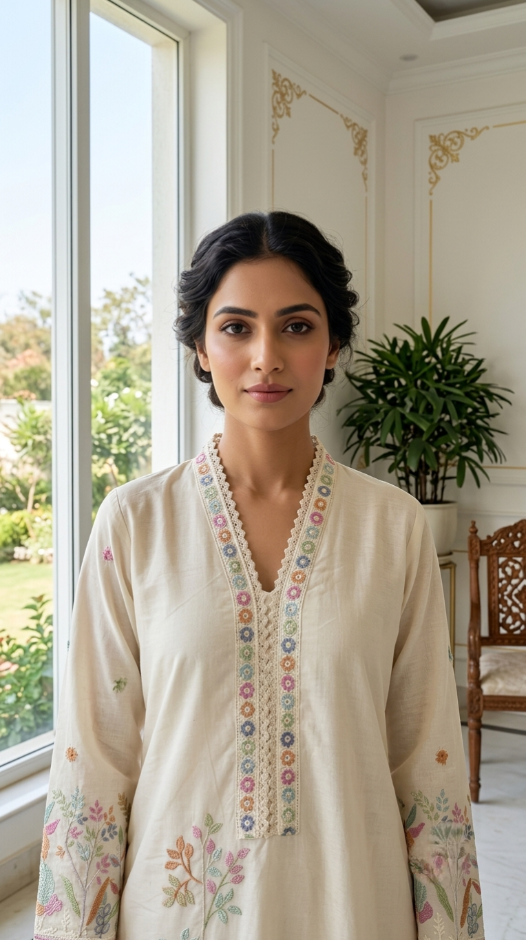 Women Off White Floral Resham Embroidered Cotton Kurta Pant Dupatta Set