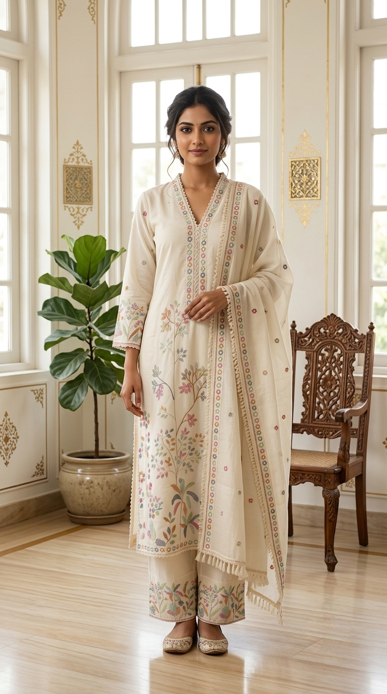 Women Off White Floral Resham Embroidered Cotton Kurta Pant Dupatta Set