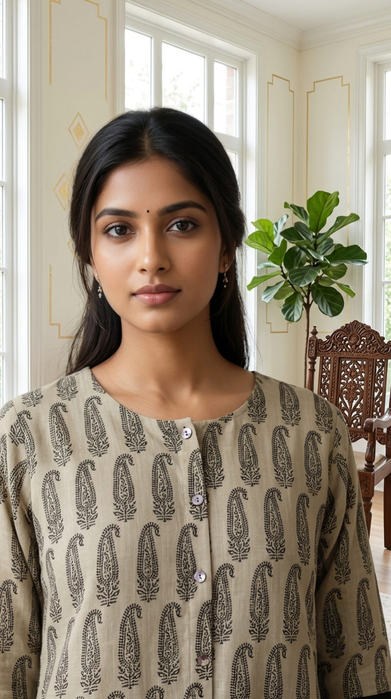 Women Beige Black Paisley Block Print Cotton Kurta Palazzo Set