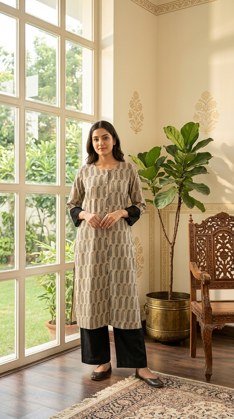 Women Beige Black Paisley Block Print Cotton Kurta Palazzo Set