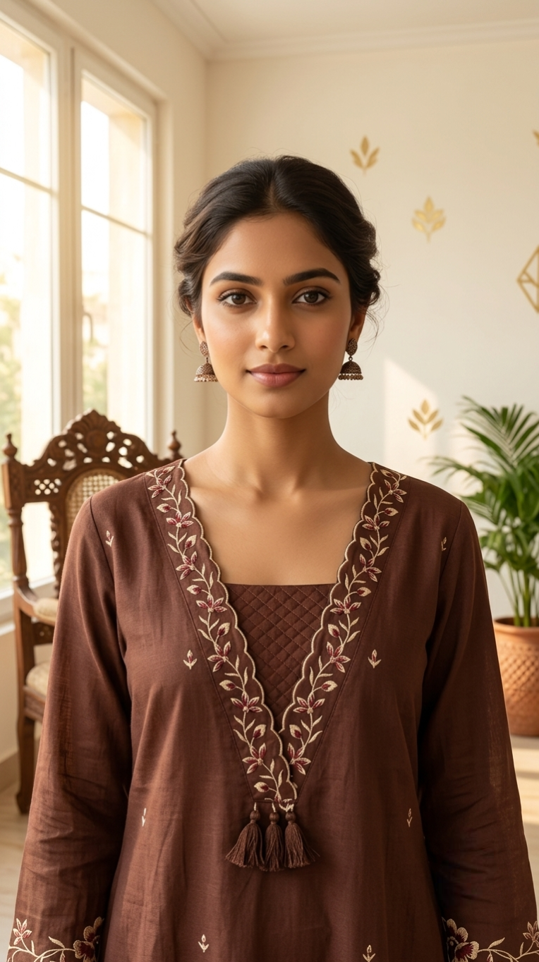 Women Brown Embroidered Cotton Kurta Pant Dupatta Set