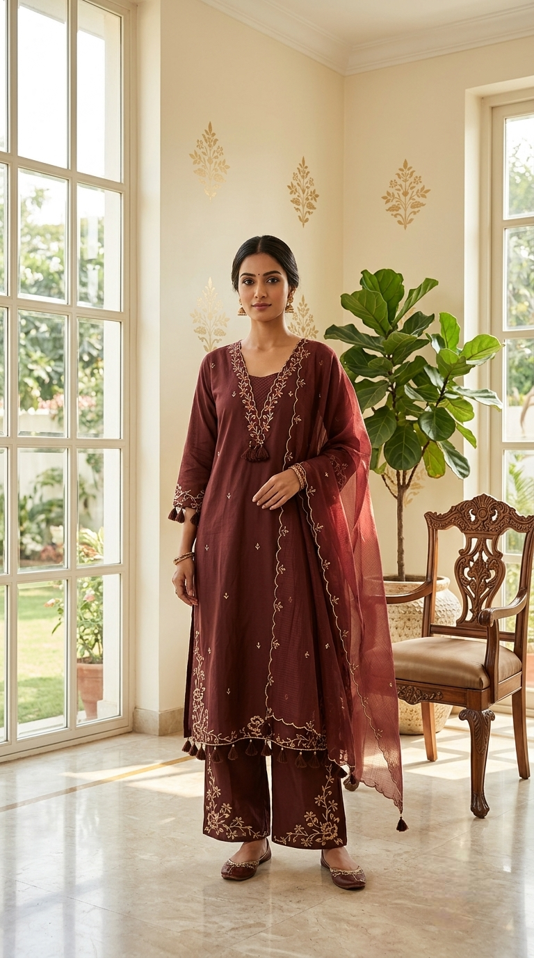 Women Brown Embroidered Cotton Kurta Pant Dupatta Set