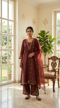 Women Brown Embroidered Cotton Kurta Pant Dupatta Set