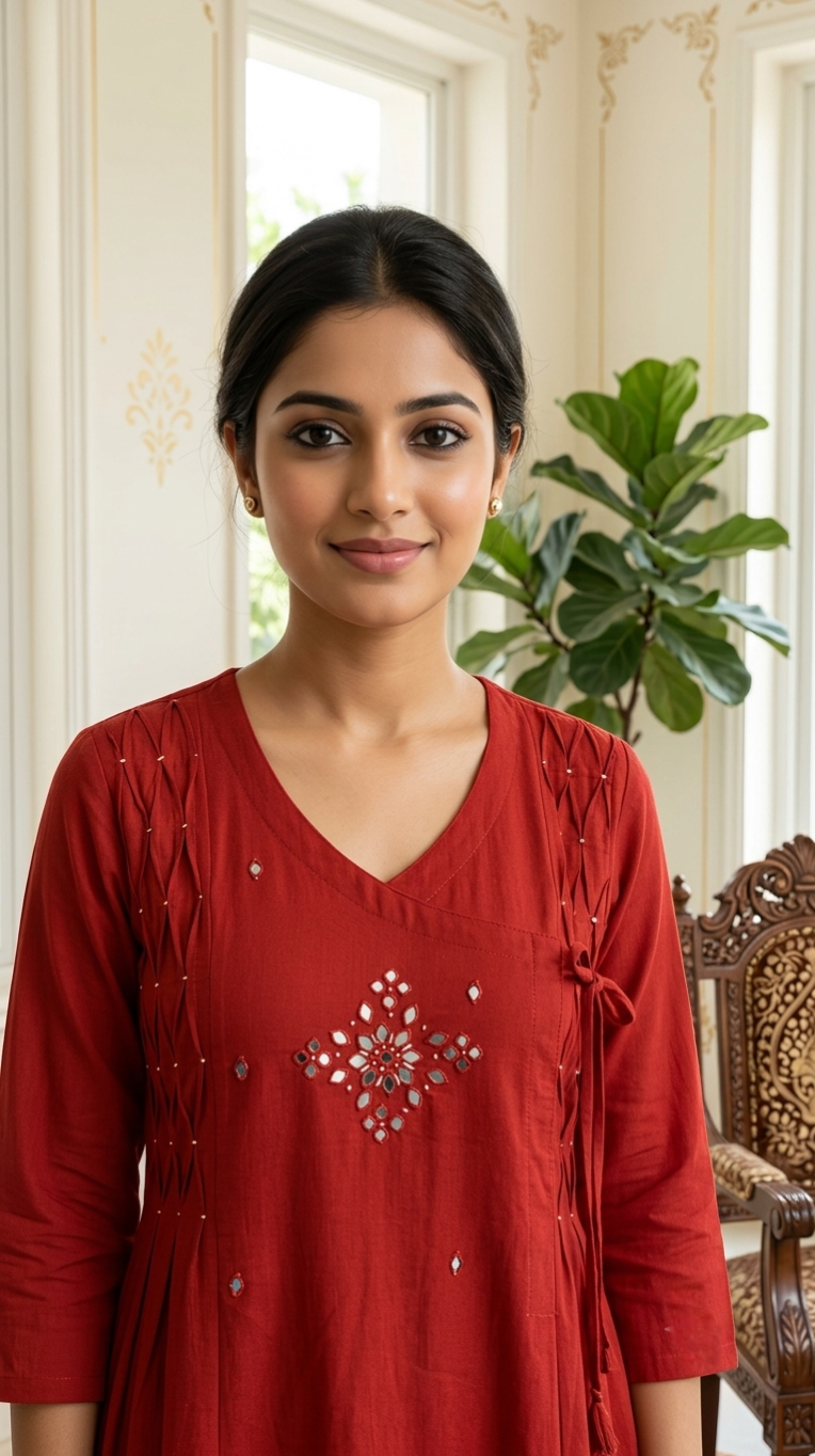 Women Rust Mandala Mirror Sequin Angrakha Cotton Kurta Pant Dupatta Set